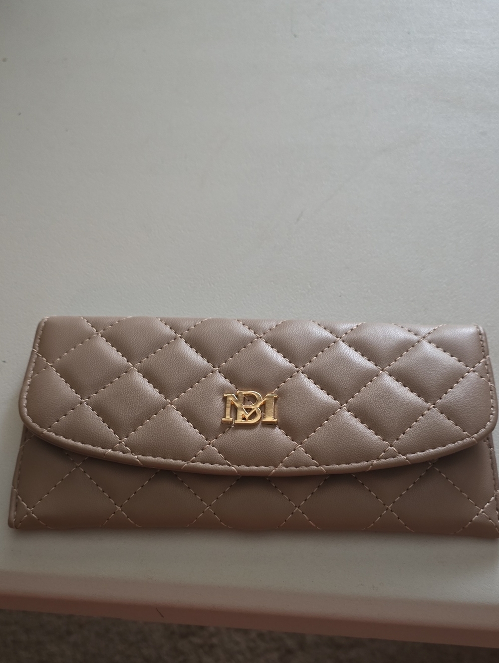 Badgley Mischka Quilted Taupe Wallet Clutch with Gold Logo